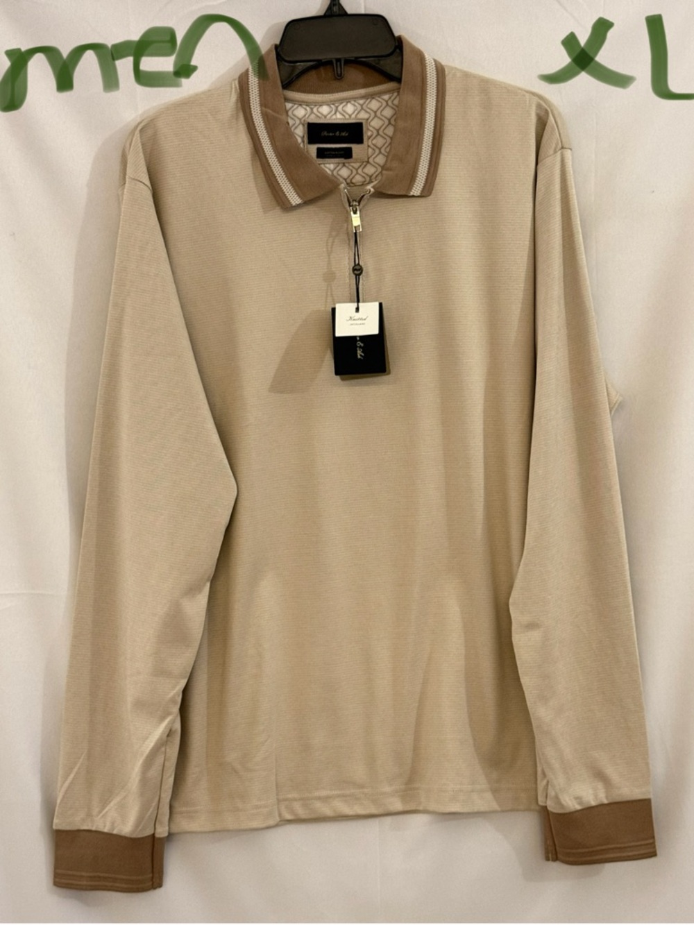 Beige Long-Sleeve Quarter-Zip Polo with Contrast Collar